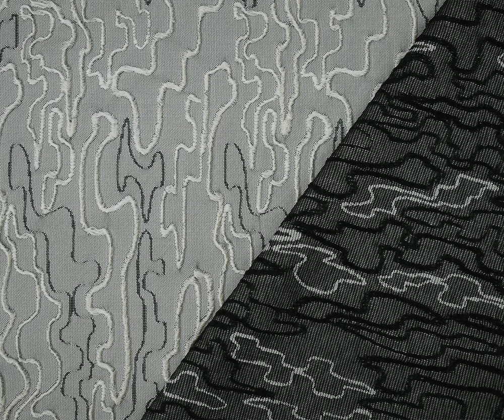 Gray-White-Black Polyester Abstract Embroidered Jacquard Woven Fabric