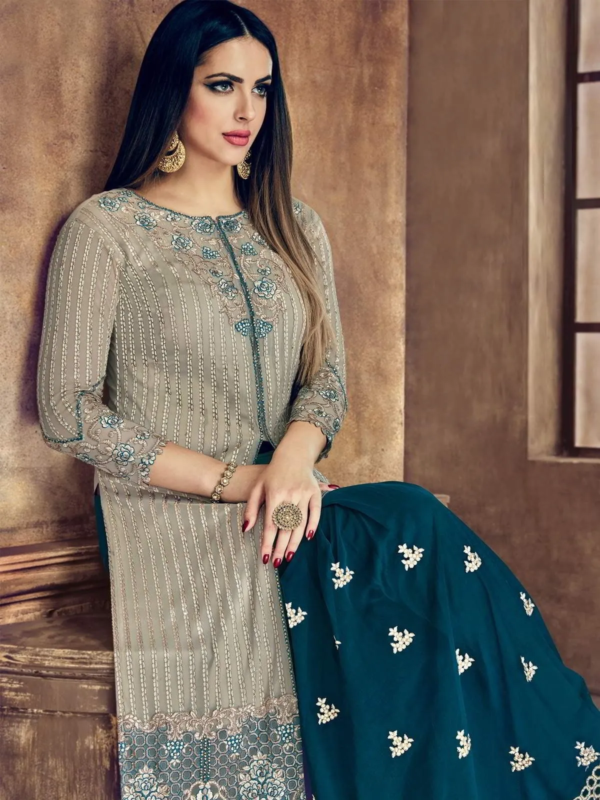 Grey And Turquoise Embroidered Flared Palazzo Suit