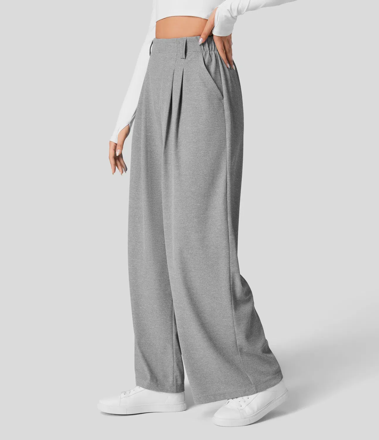 High Waisted Plicated Side Pocket Wide Leg Waffle Work Pants