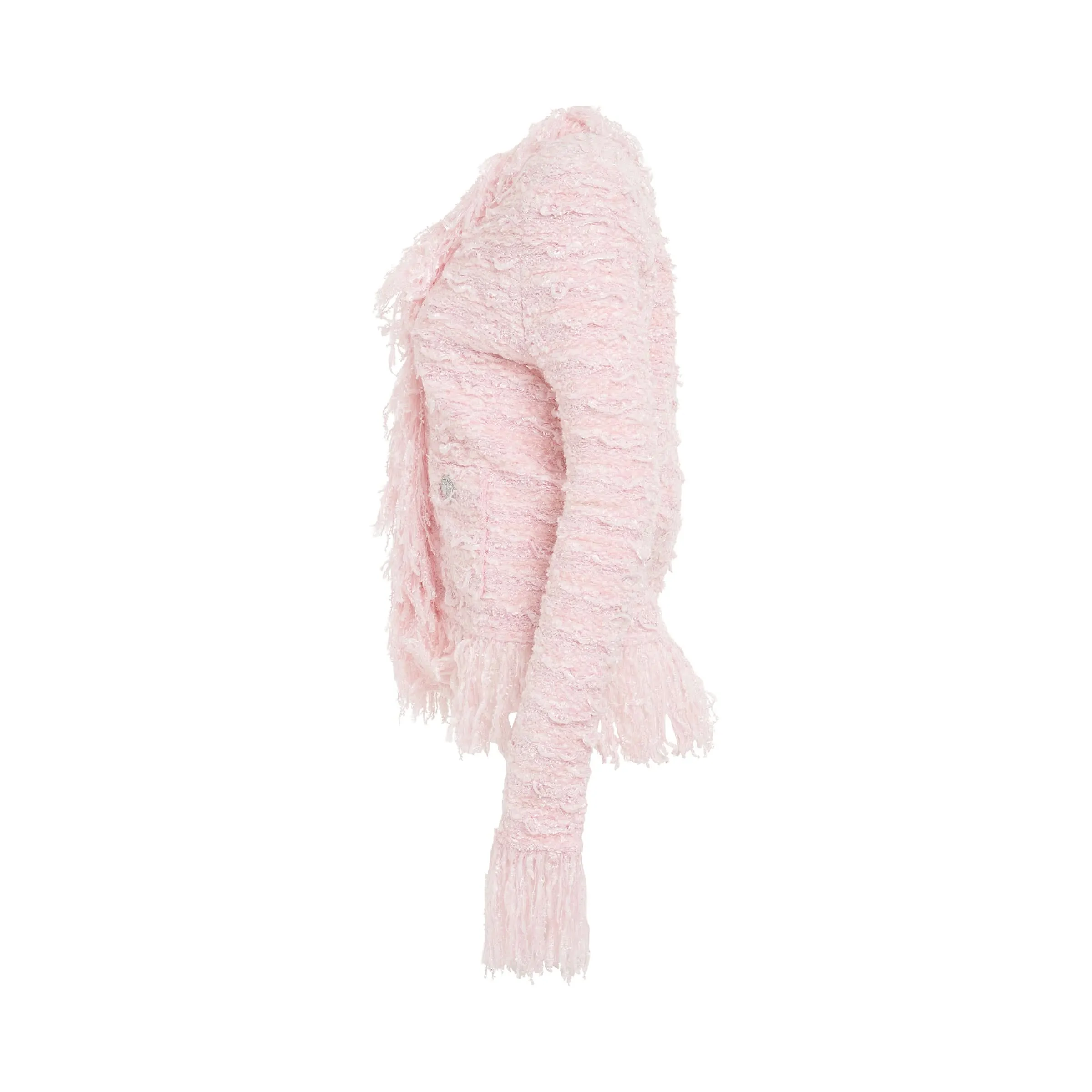 Iridescent Fringe Tweed Side to Side Jacket in Light Pink