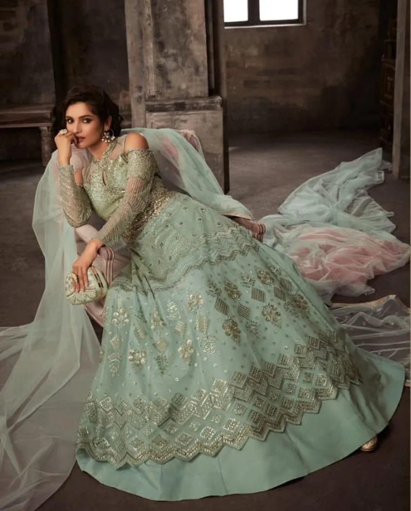 Light Blue Wedding Anarkali Lehenga/Pants Suit