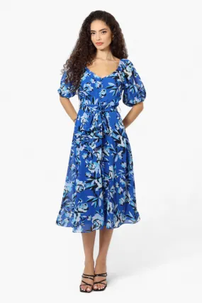 Limite Patterned Belted Puff Sleeve Maxi Dress - Blue