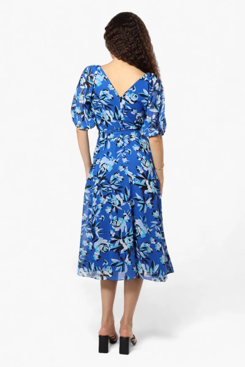 Limite Patterned Belted Puff Sleeve Maxi Dress - Blue