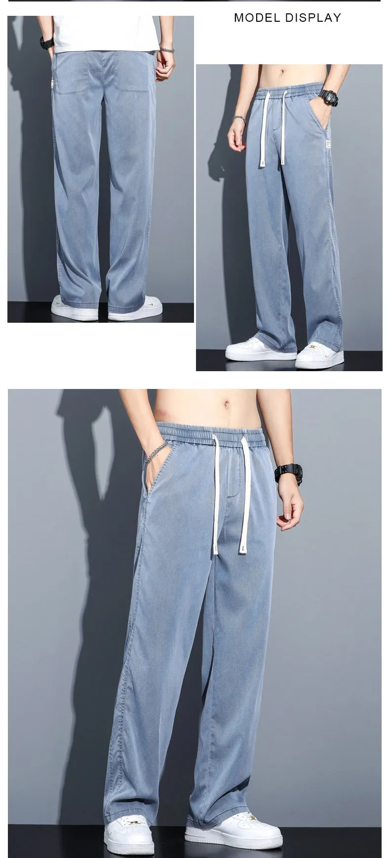 Men summer thin loose straight jeans pants Drawstring Elastic trousers Palazzo pants