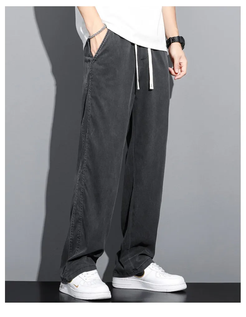 Men summer thin loose straight jeans pants Drawstring Elastic trousers Palazzo pants