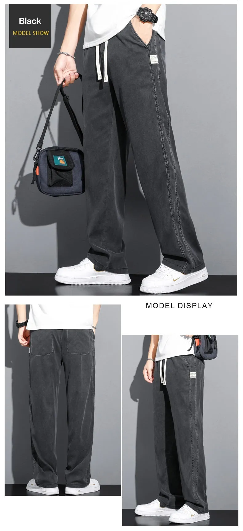 Men summer thin loose straight jeans pants Drawstring Elastic trousers Palazzo pants