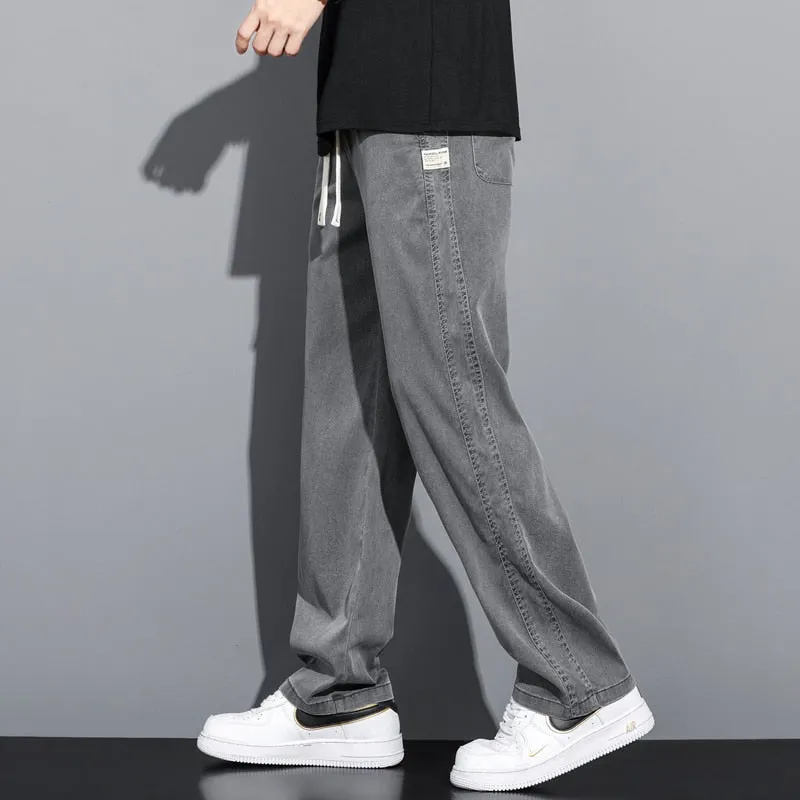 Men summer thin loose straight jeans pants Drawstring Elastic trousers Palazzo pants