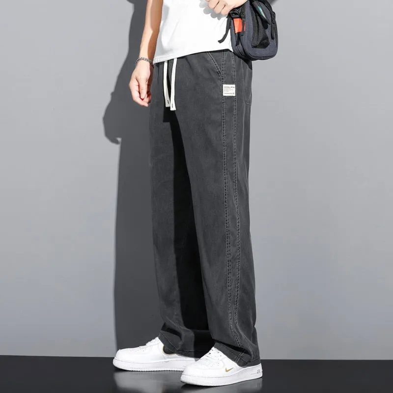 Men summer thin loose straight jeans pants Drawstring Elastic trousers Palazzo pants