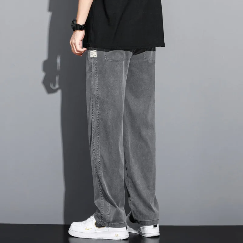 Men summer thin loose straight jeans pants Drawstring Elastic trousers Palazzo pants