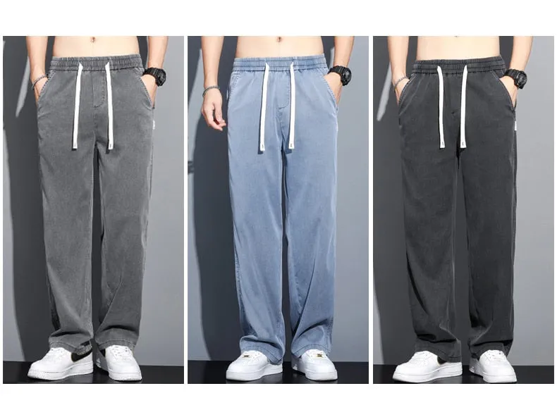 Men summer thin loose straight jeans pants Drawstring Elastic trousers Palazzo pants