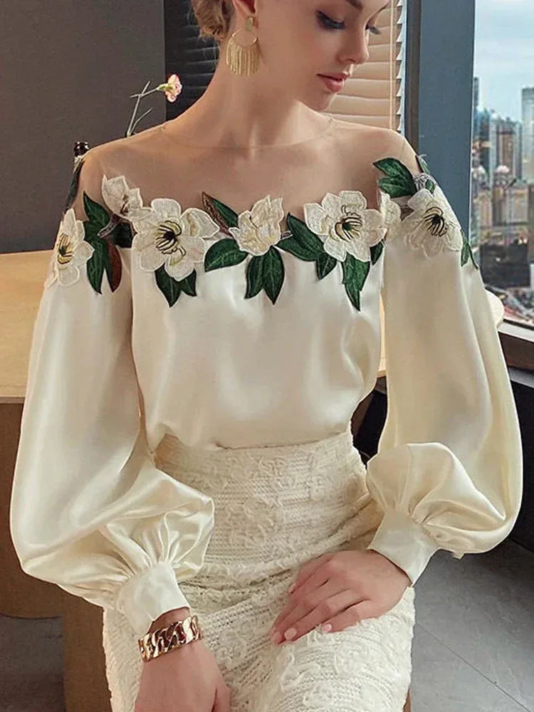 Mesh Spliced Satin Embroidered Summer Blouse