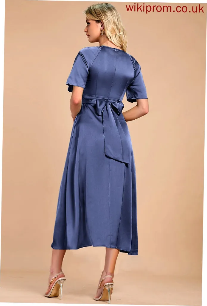 Midi Club Dresses Neck Satin Dresses Gwendoline Round Short Elegant A-line Sleeves