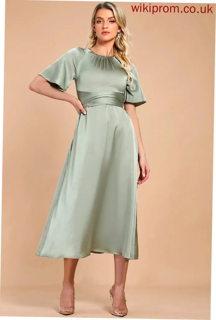 Midi Club Dresses Neck Satin Dresses Gwendoline Round Short Elegant A-line Sleeves