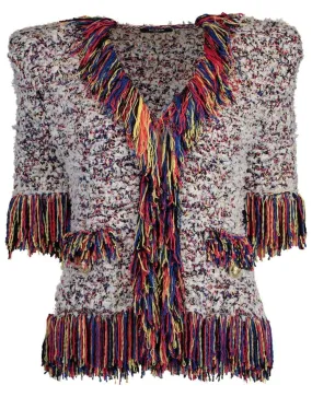 Mutli-Color Collarless Fringe Tweed Jacket