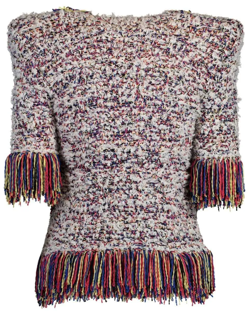 Mutli-Color Collarless Fringe Tweed Jacket