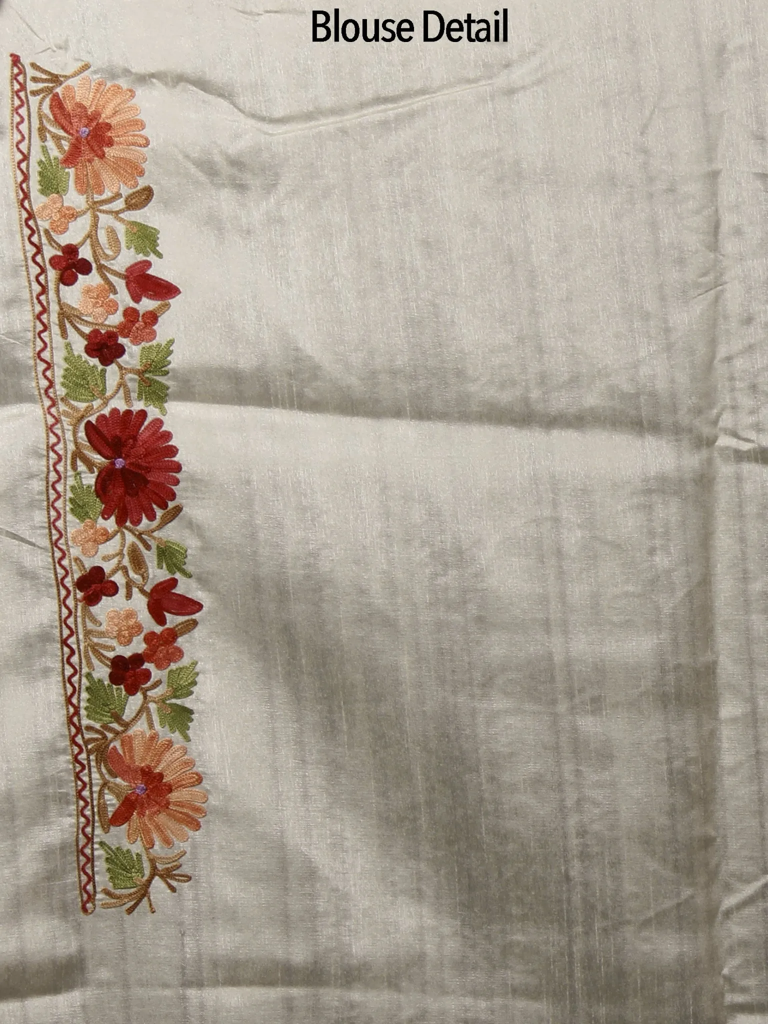 Off White Red Green Brown Aari Embroidered Bhagalpuri Silk Saree From Kashmir  - S031702153