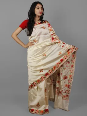 Off White Red Green Brown Aari Embroidered Bhagalpuri Silk Saree From Kashmir  - S031702153