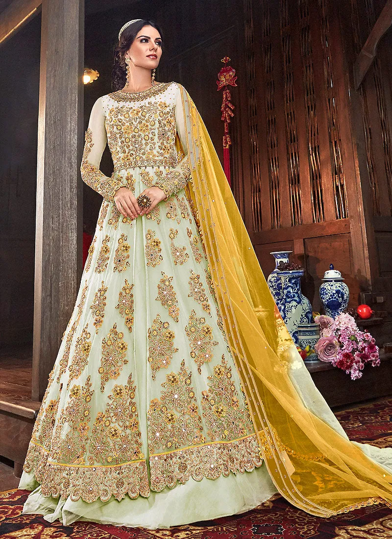 Offwhite And Yellow Floral Anarkali Style Lehenga/Pant Suit