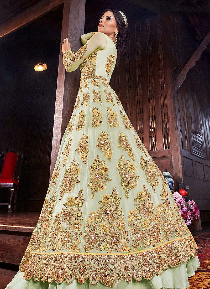 Offwhite And Yellow Floral Anarkali Style Lehenga/Pant Suit