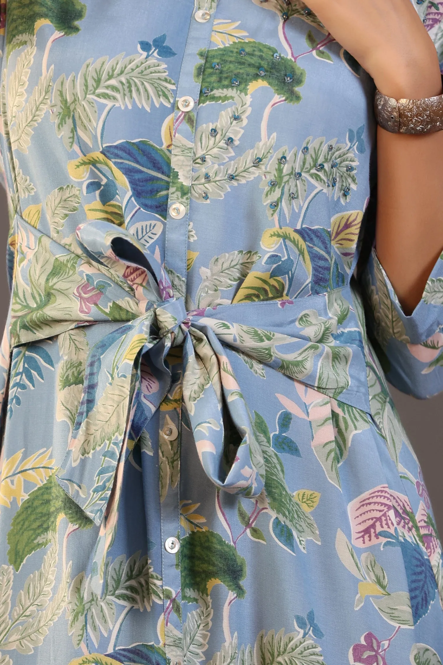 Palm Leaves on Light Blue MIDI Dress