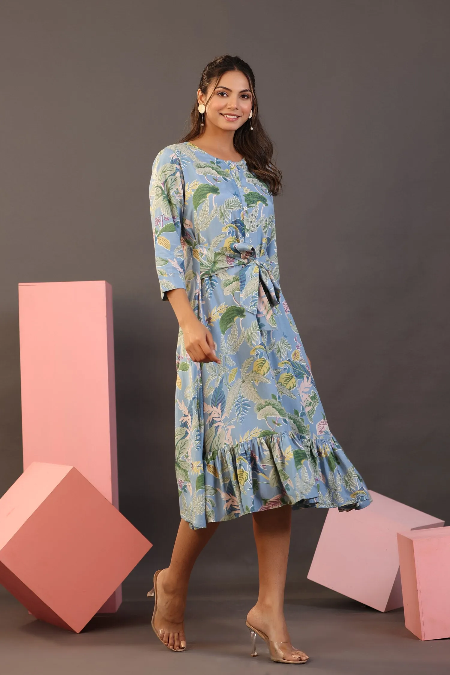 Palm Leaves on Light Blue MIDI Dress