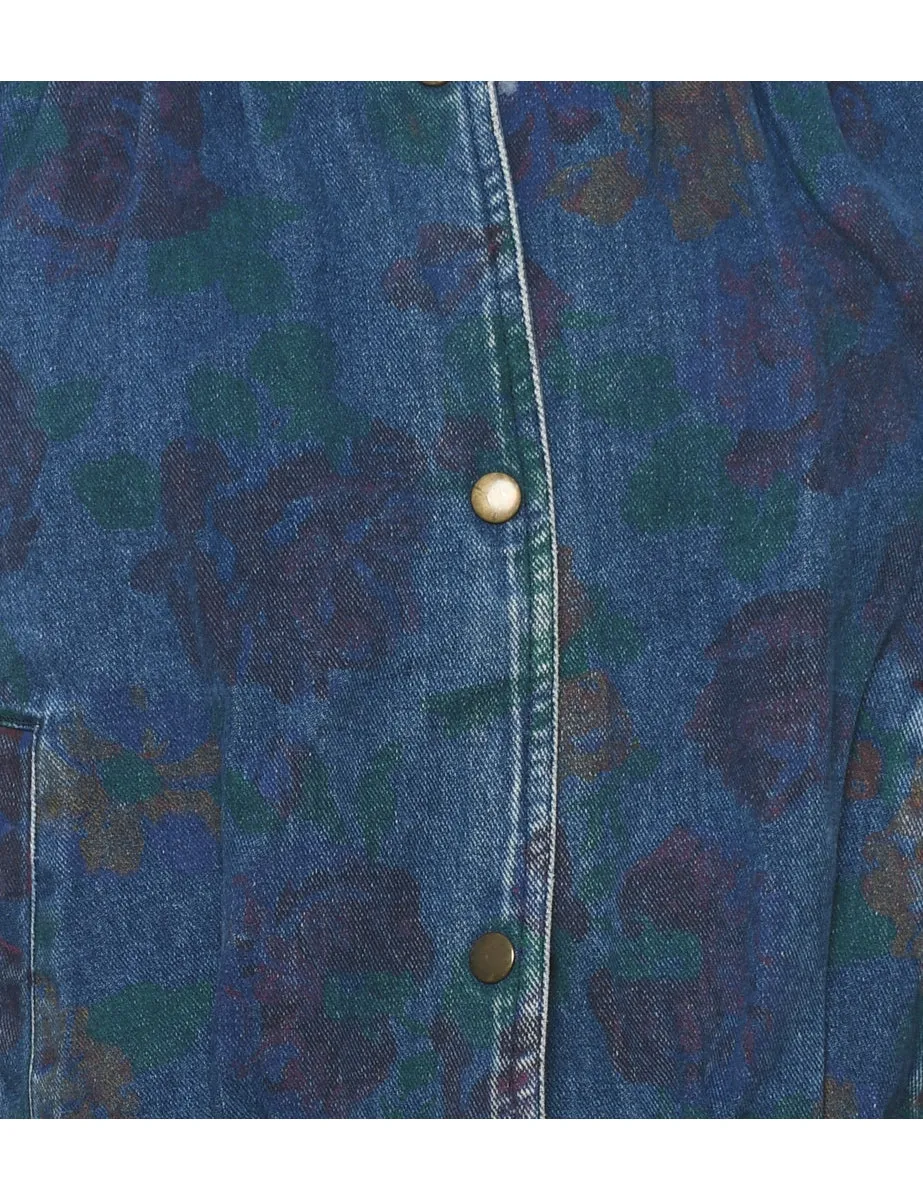 Patterned Indigo Floral 1990s Denim Jacket - M