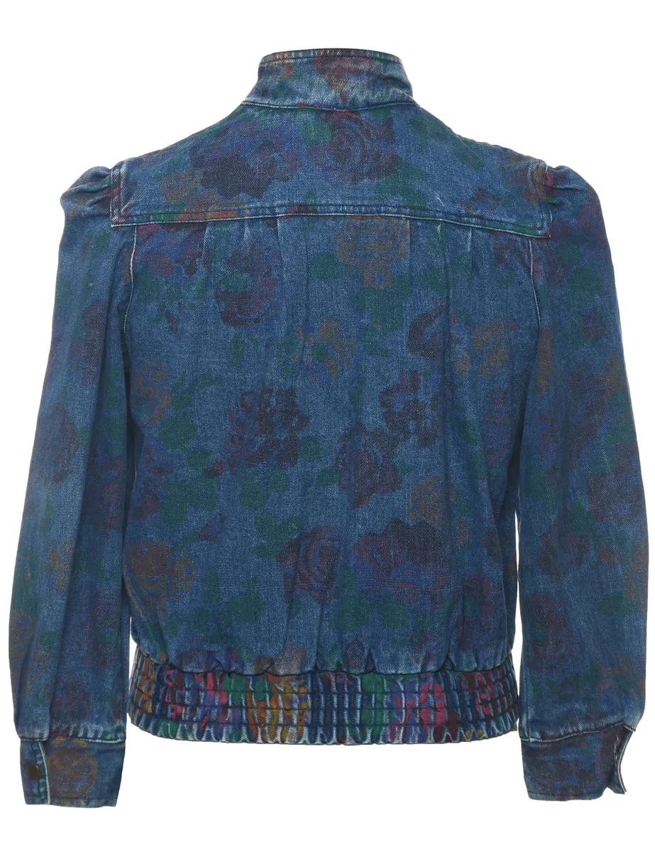 Patterned Indigo Floral 1990s Denim Jacket - M