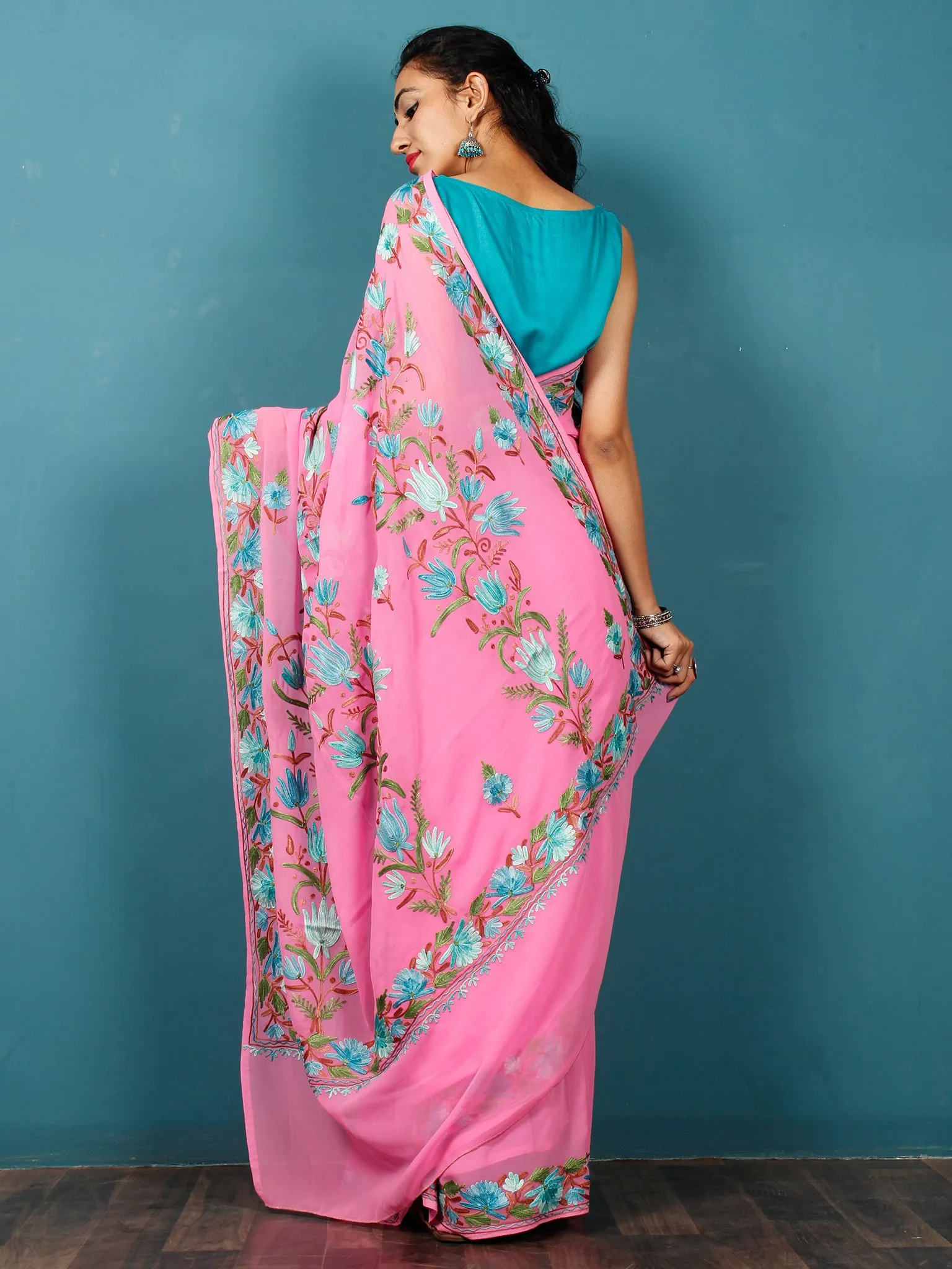 Pink Green Blue Brown Aari Embroidered Georgette Saree From Kashmir  - S031703068