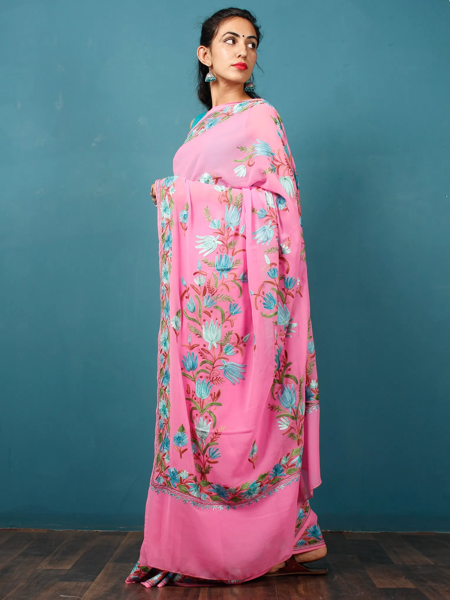 Pink Green Blue Brown Aari Embroidered Georgette Saree From Kashmir  - S031703068