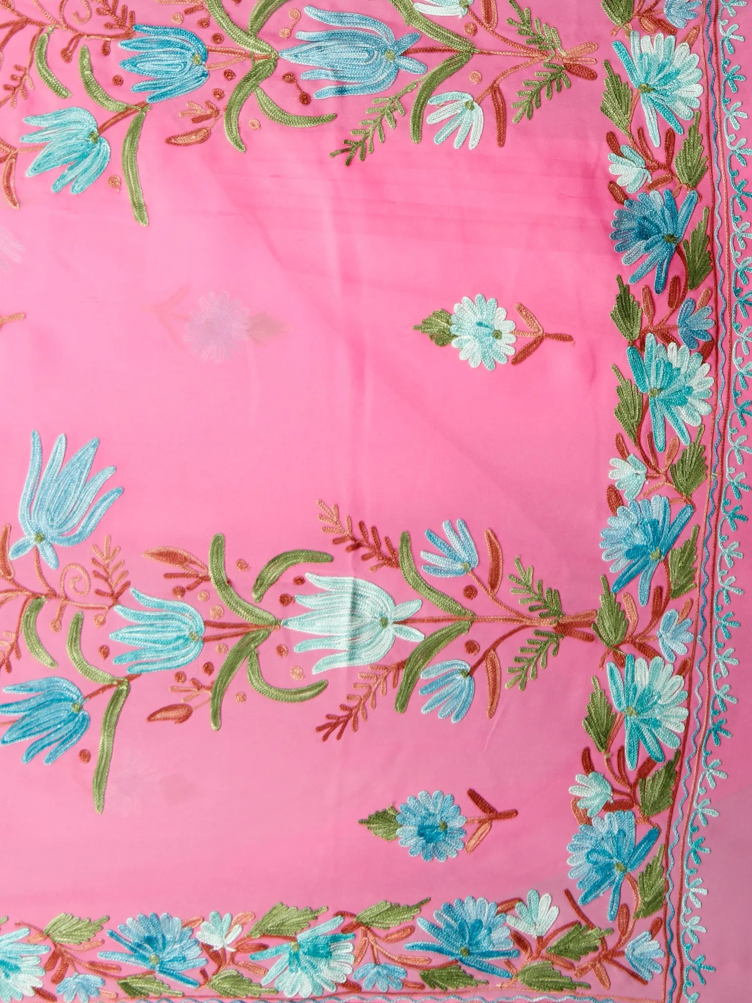 Pink Green Blue Brown Aari Embroidered Georgette Saree From Kashmir  - S031703068