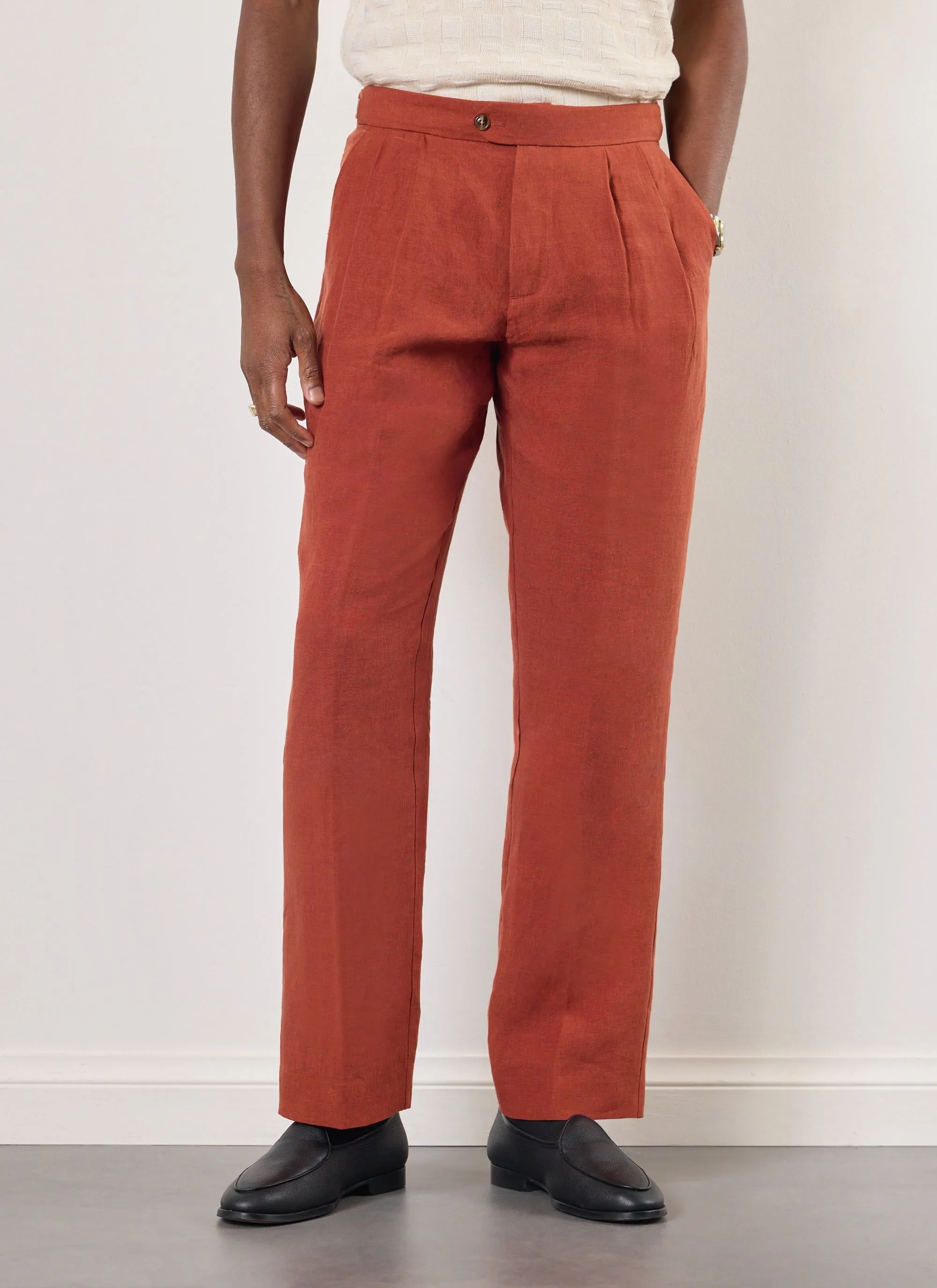 Pleated Tailored Trousers | Linen | Rust