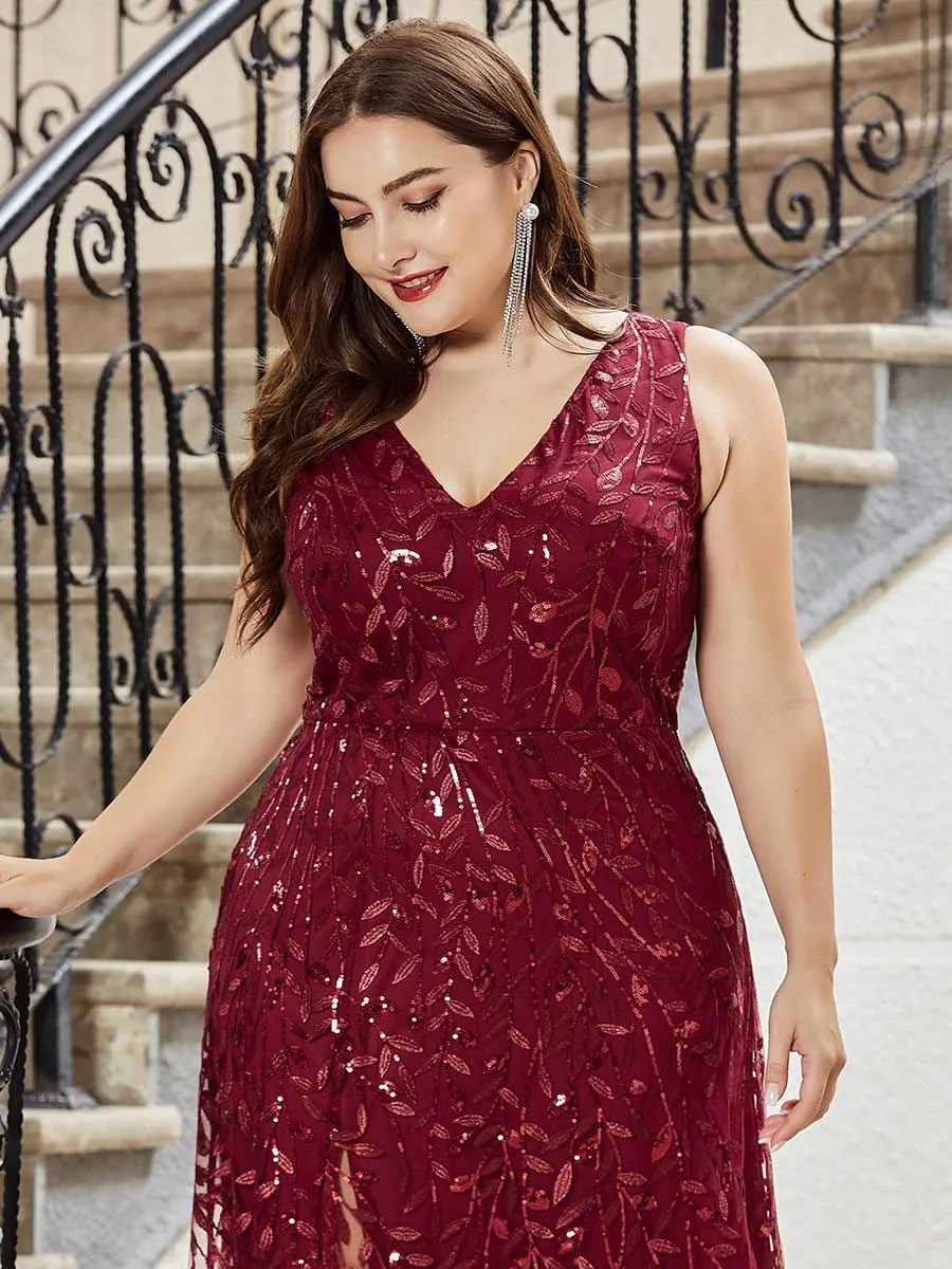 Plus Size Women's V-Neck Embroidery Side Split Evening Party Maxi Dress