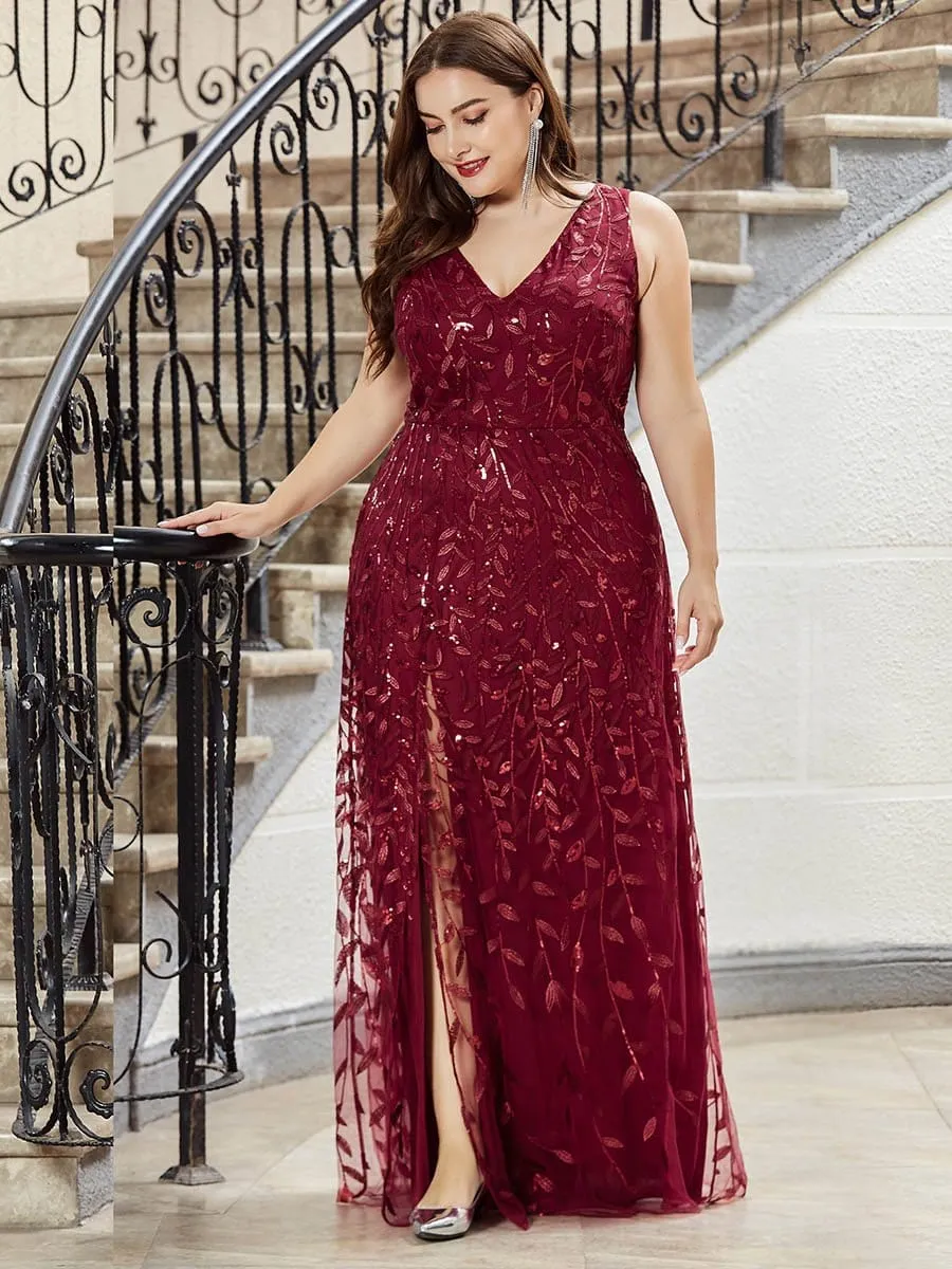 Plus Size Women's V-Neck Embroidery Side Split Evening Party Maxi Dress