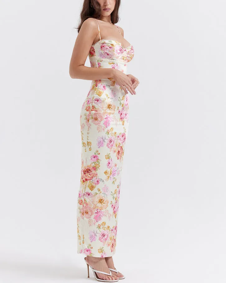 Printed Suspender Long Skirt Sexy Open Back Slit Holiday Style Floral Dress