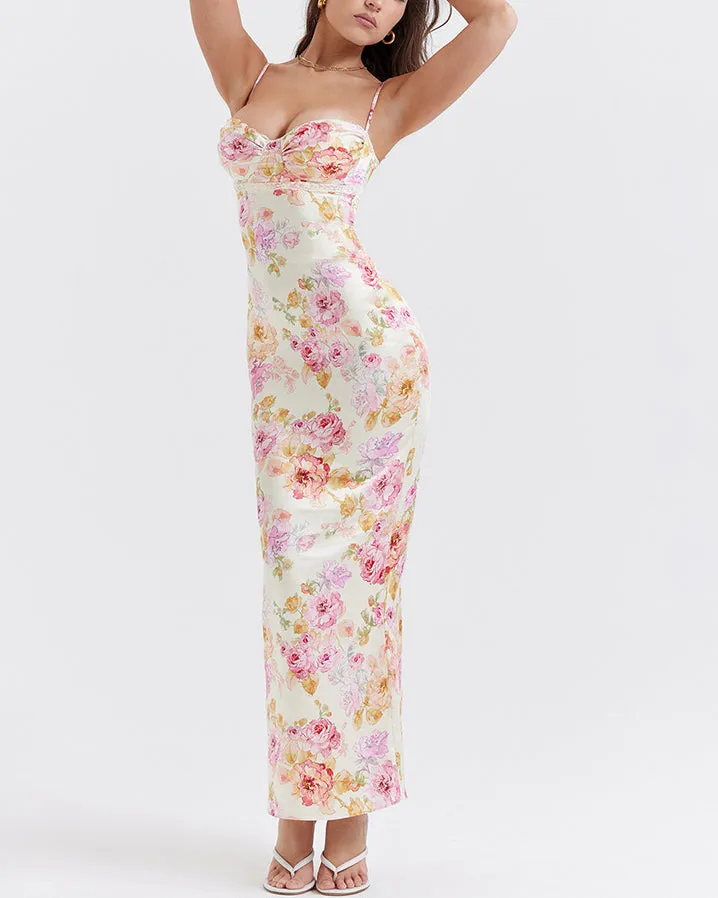 Printed Suspender Long Skirt Sexy Open Back Slit Holiday Style Floral Dress