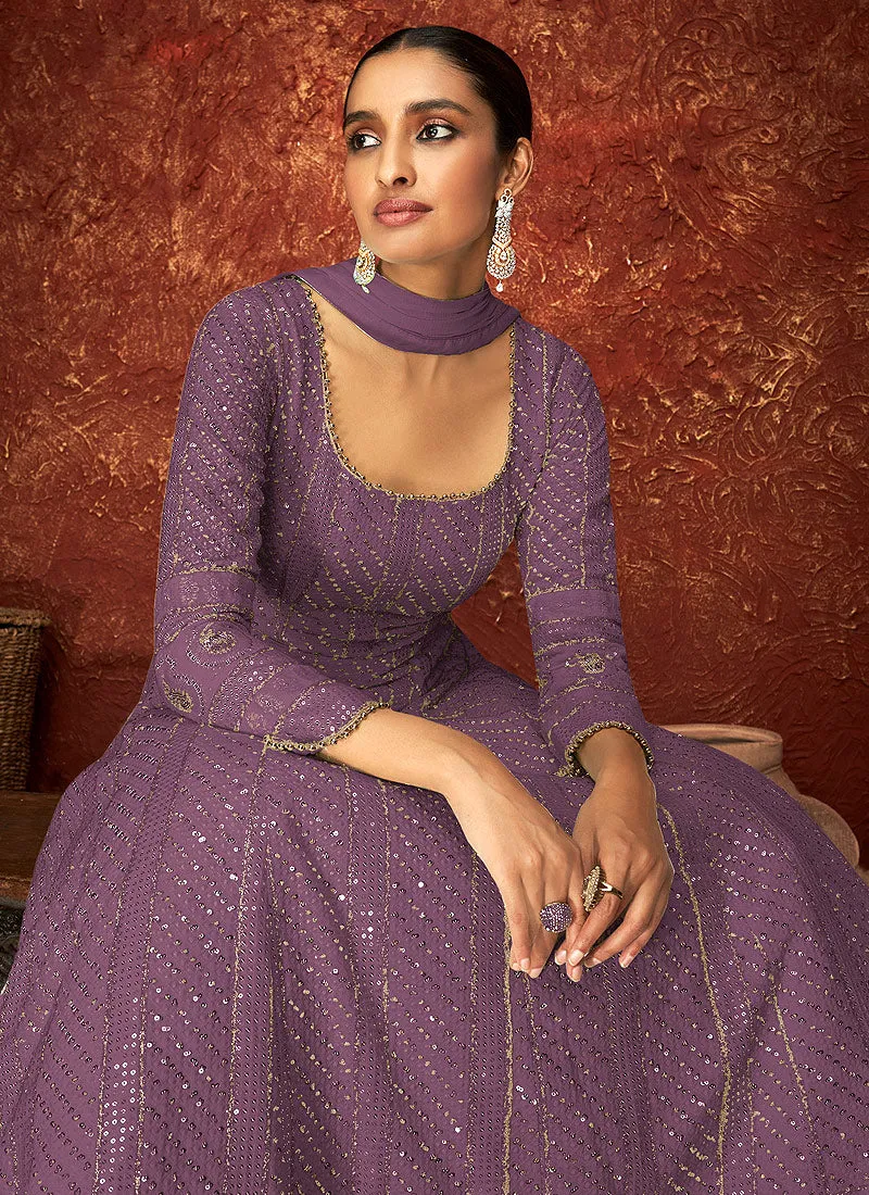 Purple Lucknowi Embroidered Indian Anarkali Suit