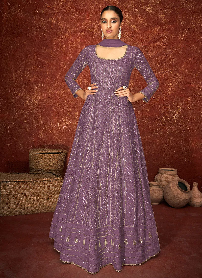 Purple Lucknowi Embroidered Indian Anarkali Suit