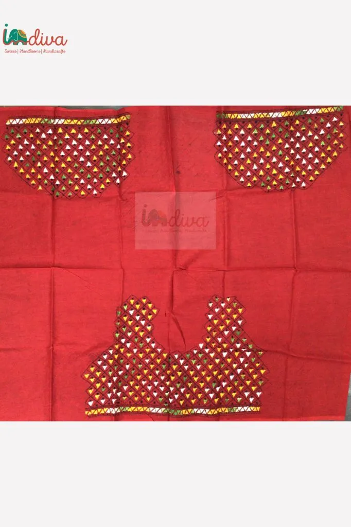 Red Kantha Blouse Fabric With Yellow, Black, Green Geometric Motifs