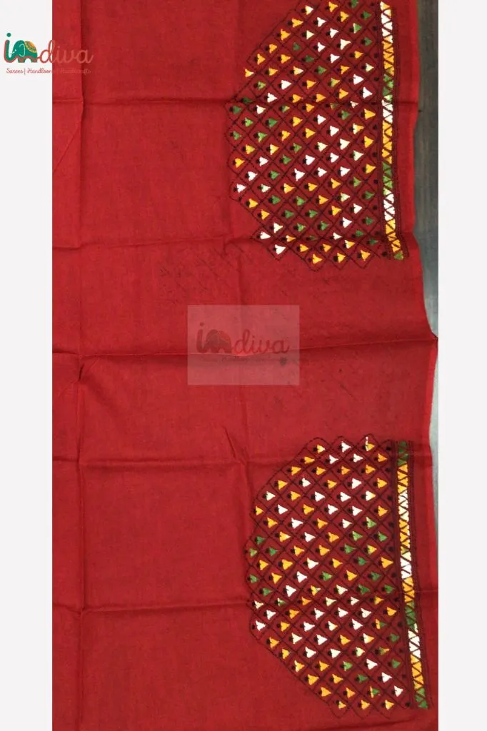 Red Kantha Blouse Fabric With Yellow, Black, Green Geometric Motifs