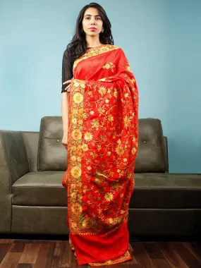 Red Yellow Green Aari Embroidered Bhagalpuri Silk Saree From Kashmir  - S031704062