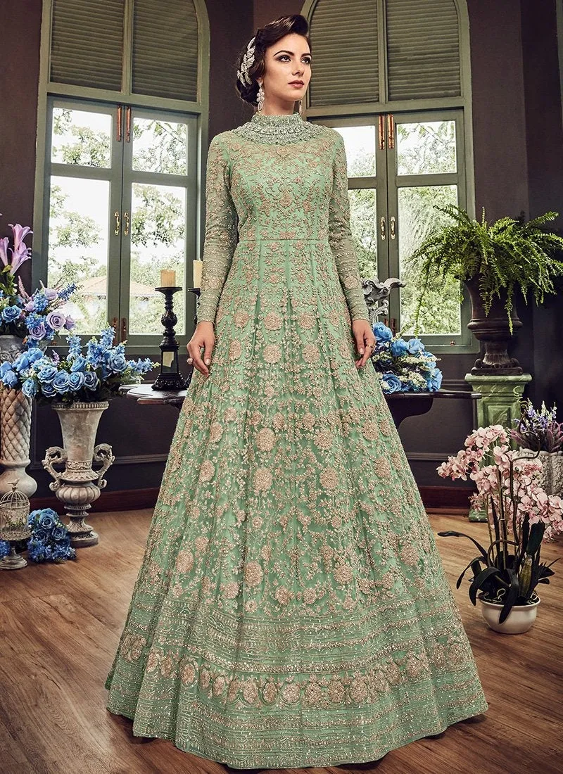 Sea Green Royal Embroidered Backless Anarkali Suit