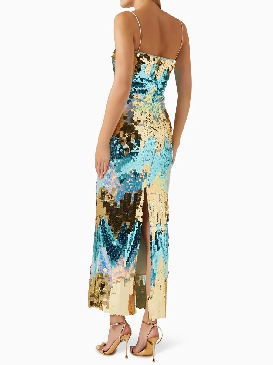 Sequin Slit Hem Club Party Sling Dress