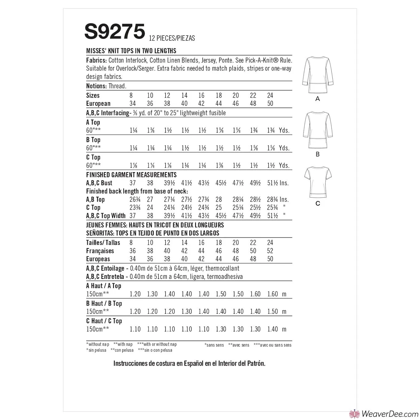 Simplicity Pattern S9275 Misses' Knit Tops In 2 Lengths