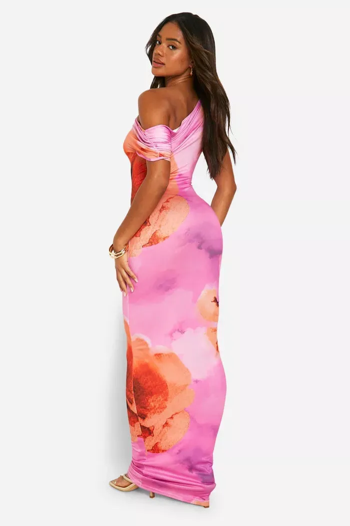 Slash neck cap sleeve maxi dress in multi