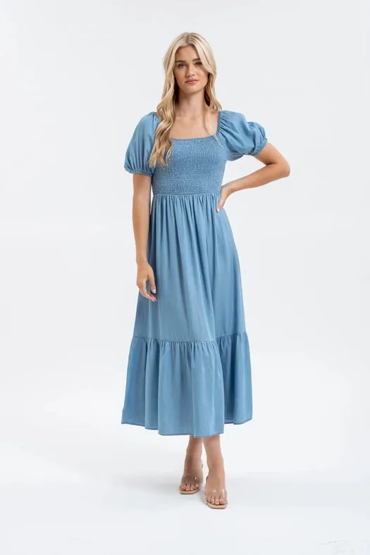 Smocked Chambray Puff Sleeve Midi Dress