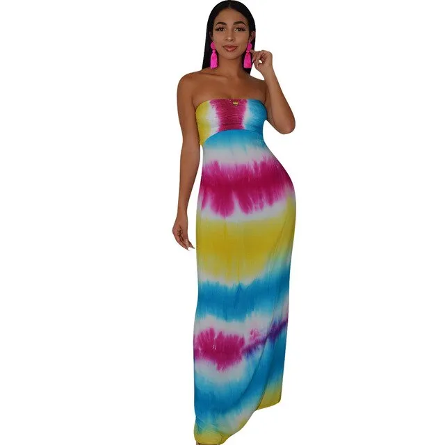 Strapless Bohemian Striped Lace Up Tie-dye Print Maxi Dress