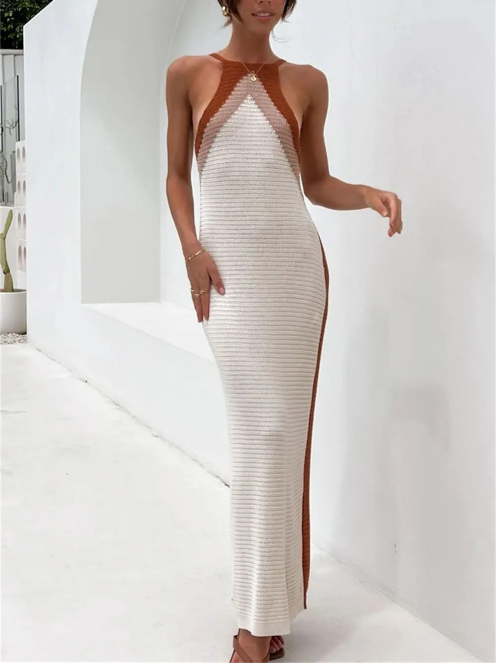 Summer Beach Knitted Maxi Dress for Vacation Sleeveless Backless Straps Wholesale Maxi Dresses