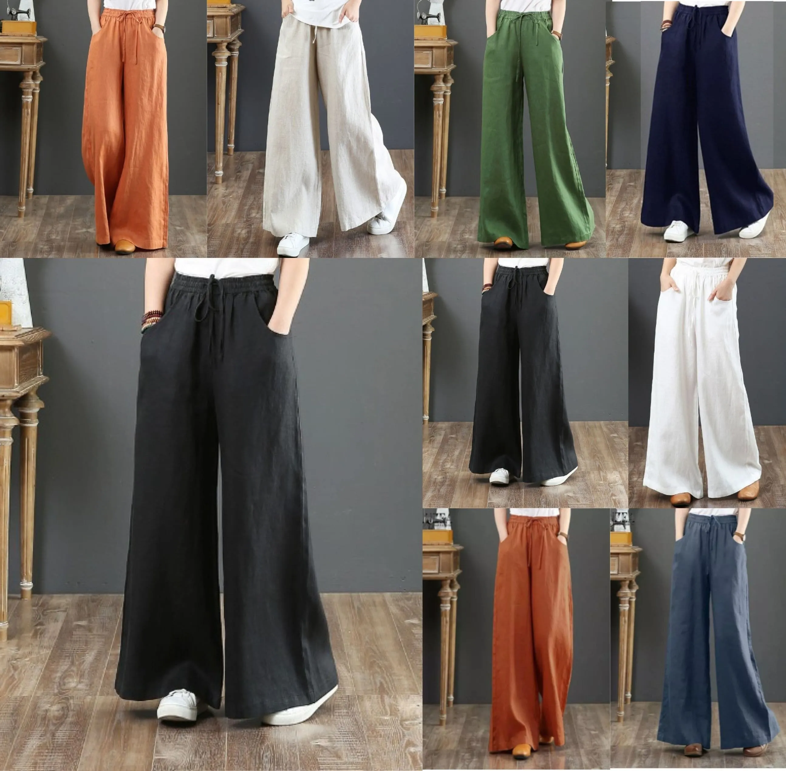 Summer Literary Cotton And Linen Women's Trousers, Linen Blend Drawstring Pants, High-Waist Mopping Pants, Straight Trousers Linen Pants