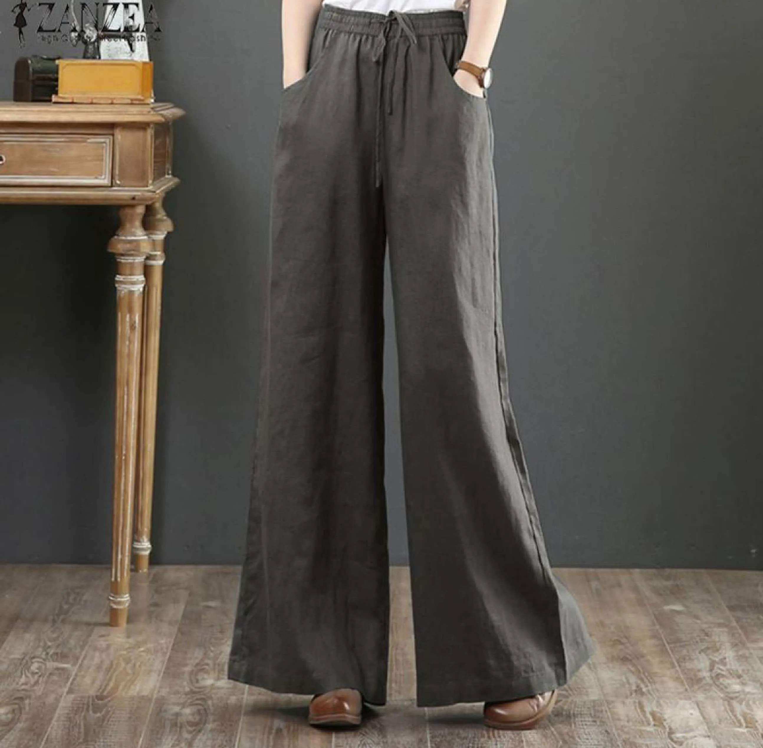 Summer Literary Cotton And Linen Women's Trousers, Linen Blend Drawstring Pants, High-Waist Mopping Pants, Straight Trousers Linen Pants