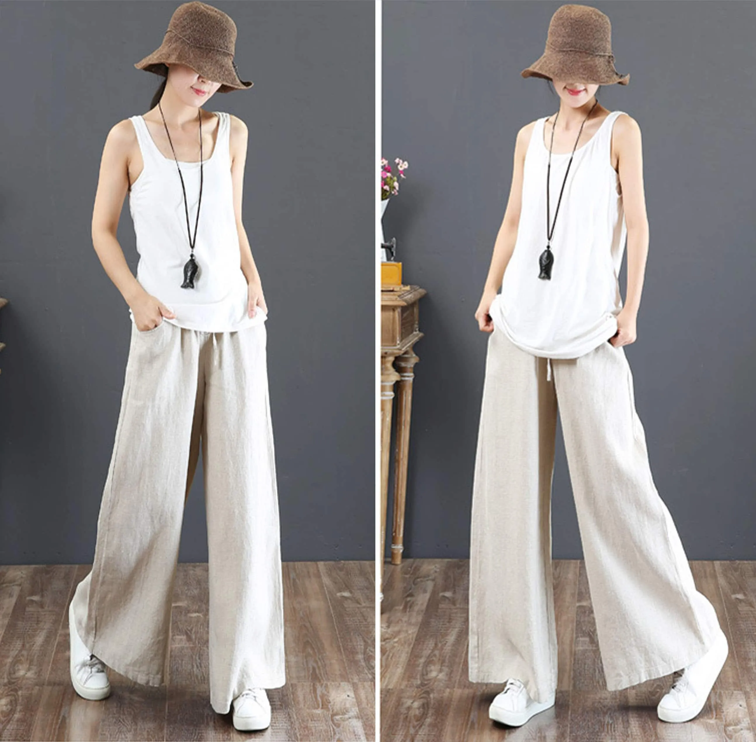 Summer Literary Cotton And Linen Women's Trousers, Linen Blend Drawstring Pants, High-Waist Mopping Pants, Straight Trousers Linen Pants